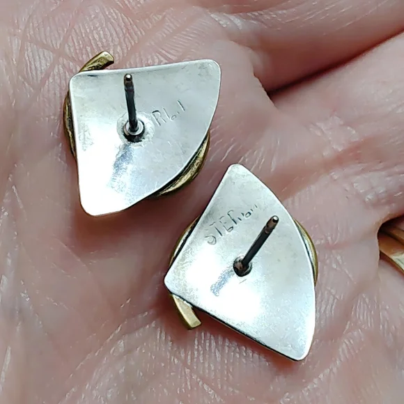 Vintage Sterling Silver Bronze Swirl Hand wrought Modernist Necklace Earring Set - Picture 7 of 15